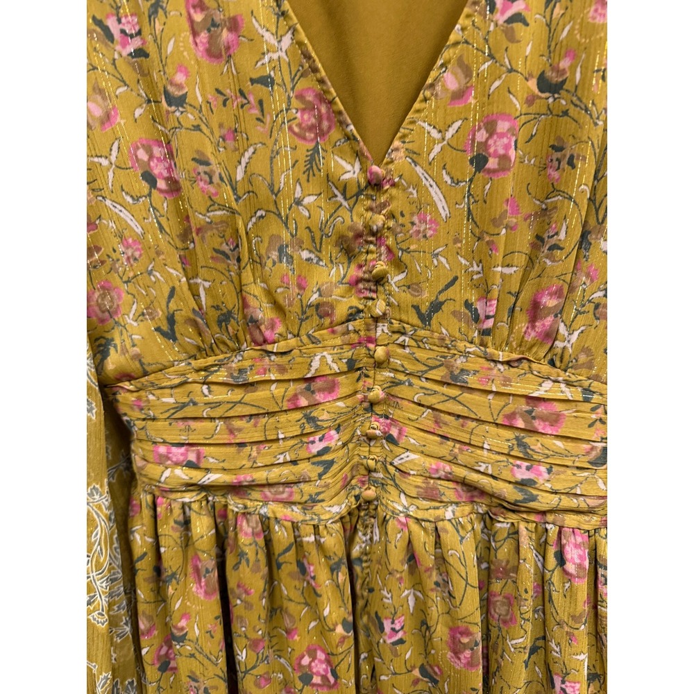 House of Harlow 1960 Mustard Yellow Floral Metallic Lurex Mini Dress Womens M - Picture 3 of 16
